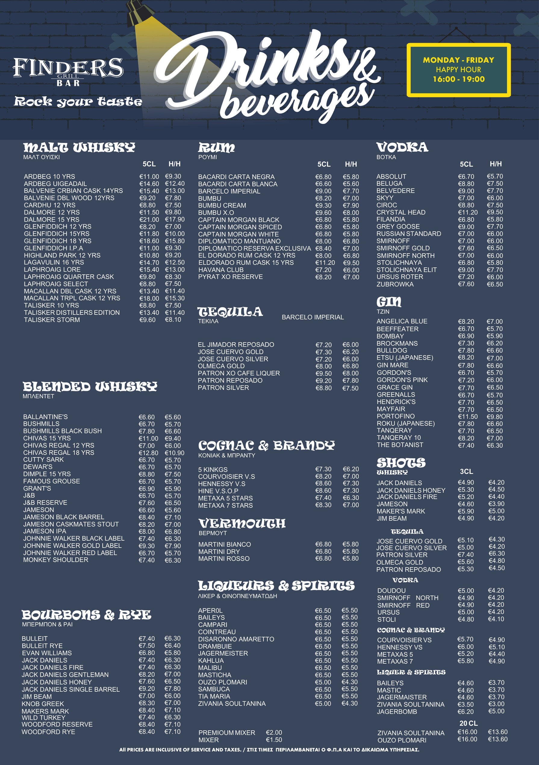 Drinks and beverages menu - spirits